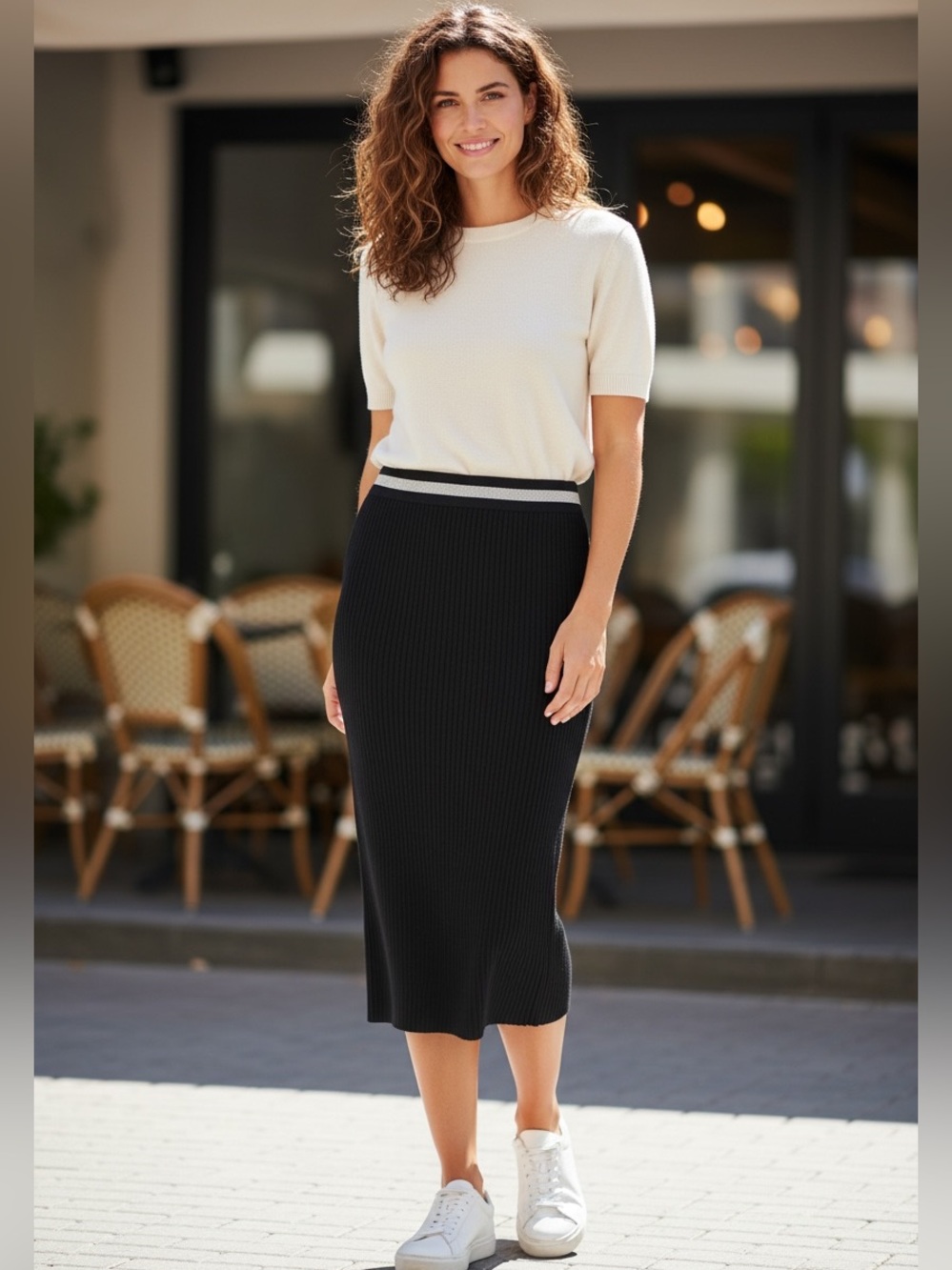Anatomie Black Ribbed Knit Stretch Midi Pull on Skirt with Silver Waistband SML